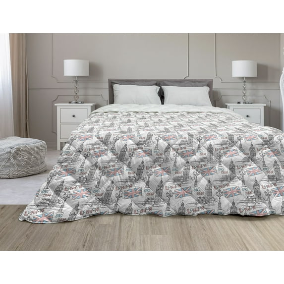 London Down Alternative Comforter, Popular English Country Culture Tourist Attraction Travel Theme, Microfiber Quilt for All Season, 5 Sizes, Vermilion Dark Blue, by Ambesonne