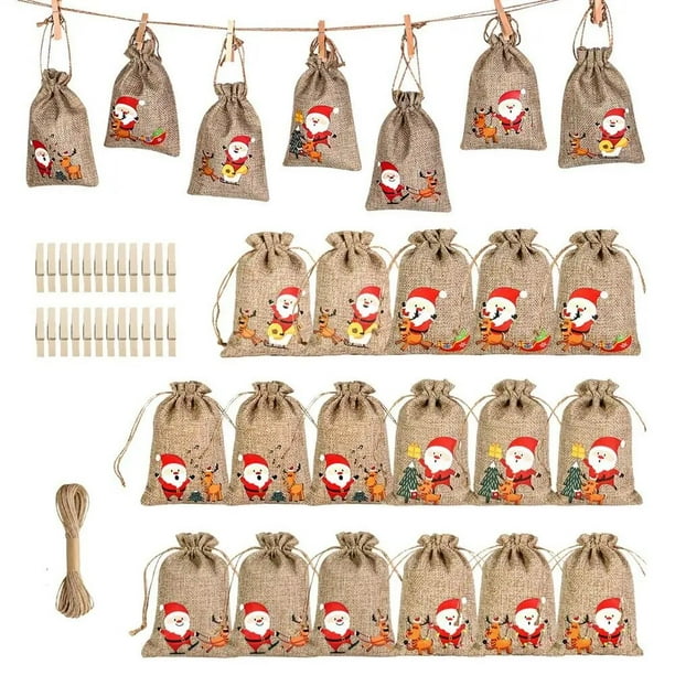 Bolsas de calendario de adviento de 24 días de Año Nuevo, bolsas de lino para CALENDARIO DE cuenta regresiva de Papá Noel, bolsas de regalo con cordón, bolsas de dulces DIY, 2023