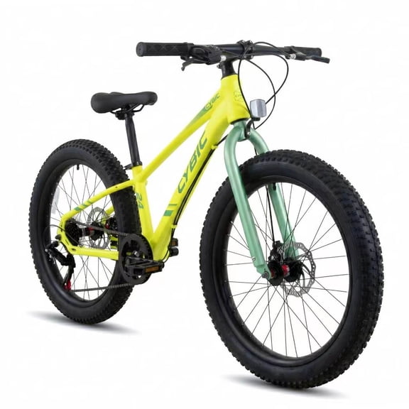 Cybic Fat Tire Mountain Bike 24 inch, 7 Speeds, Double Disc Brake Bicycle, Yellow Green