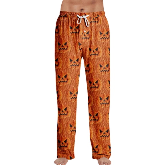FGVCTG Halloween Mens Pajama Pants Casual Pumpkin Ghost Spider Print Lightweight Drawstring Stretchy Pants Halloween Outfits Orange L