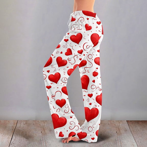 Pajama Bottoms for Women Heart Print Soft Lounge Pants Wide Leg Elastic Waist Comfy Relaxed Fit Pants