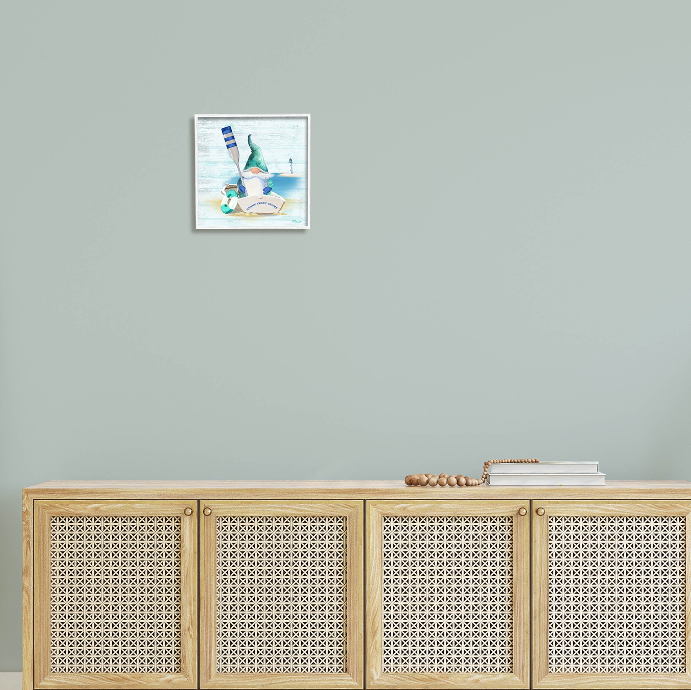Stupell Industries Coastal Gnome Blue Row Boat Graphic Art White Framed Art Print Wall Art, Design by Paul Brent
