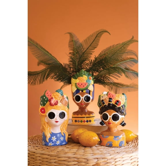 Kalalou Ceramic Ladies Vases 7.5"H Multi Color Glazed Tropical Decor Set of 3