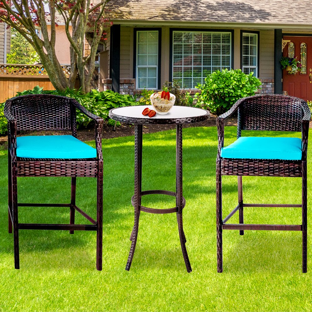 3 Piece Patio High Bistro Set, 2 High Bar Chairs with 1 Glass Top Table