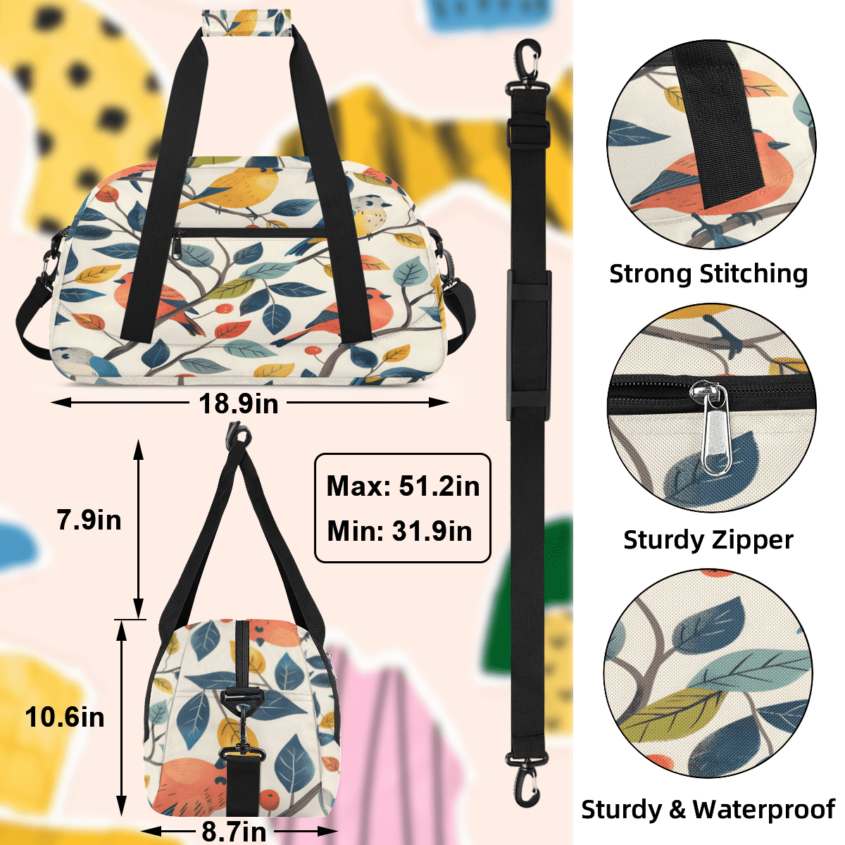Herdesigns Sports Duffle Bags Travel Duffle Bag Gym Bag Colorful Birds Weekender Travel Bag Waterproof Overnight Bag Carry On Travel Tote Bag Dance Bags