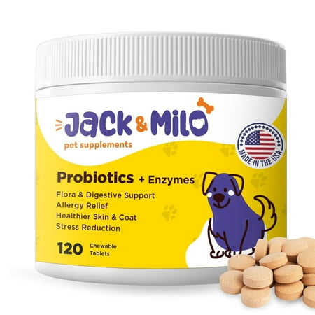 Jack & Milo Probiotics for Dogs, Digestive Enzymes, Allergy & Immune Support Probiotic-Dog Probiotics, Veterinary Grade, 7.5 Billion CFU's +Pancreatic 4X, Unique Blend- USA Made, 120 Tablets