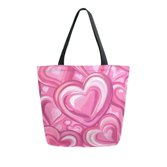 Durable Canvas Tote Bag with Zip Pocket Bags for Woman Shoulder Versatile Carryall for Everyday Use Pattern with Pink Hearts