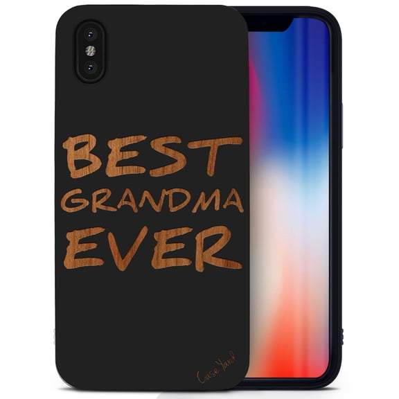 Case Yard Wooden Case for iPhone-X Soft TPU Silicone cover Slim Fit Shockproof Wood Protective Phone Cover for Girls Boys Men and Women Supports Wireless Charging Best Grandma Ever Design