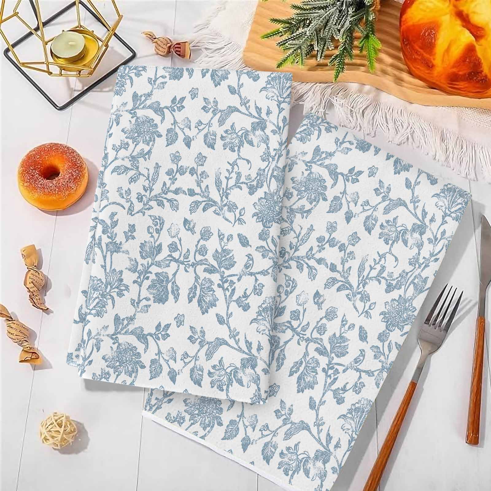 Light Blue Flower Kitchen Towels Set of 4, Vintage Farmhouse Boho Leaf Spring Soft Microfiber Dish Towels, Absorbent Quick-Dry Washable Dishcloths for Kitchen Cleaning, Drying Dishes, 18x28 Inches