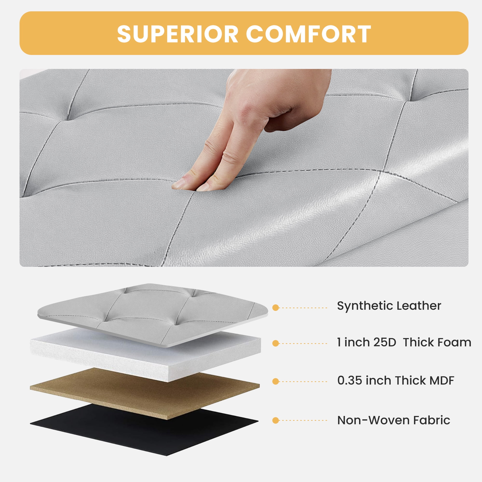 Gianna 30 Inch Folding Ottoman With Storage Bench, Bedside Storage Bench With Leather Top Cover and Cushion, Footrest Suitable for Bedroom, Living Room, Gray