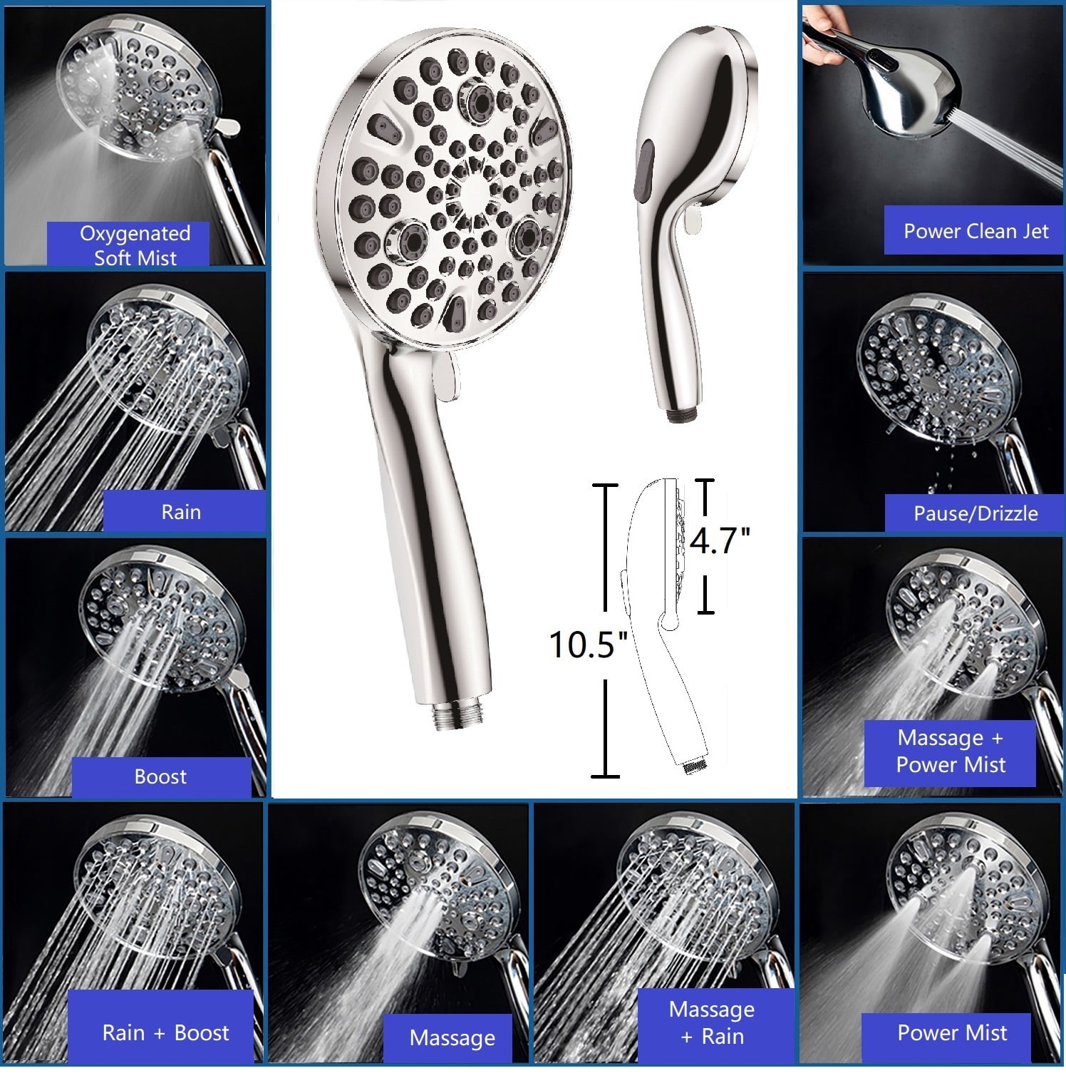 Ana Bath Dual Shower Heads with TWO FLEXIBLE/BENDABLE SHOWER ARM EXTENSIONS - 7" 2-in-1 Rainfall Shower + 10-Spray Settings Hand Showerhead w/Power Jet Clean and Pause Mode (Chrome)
