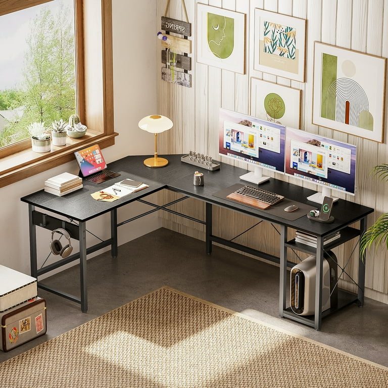 66 inch L Shaped Computer Desk with Storage Shelves, Corner Gaming Desk,  Sturdy Writing Desk Workstation, Modern Wooden Desk Office Desk, Wood 