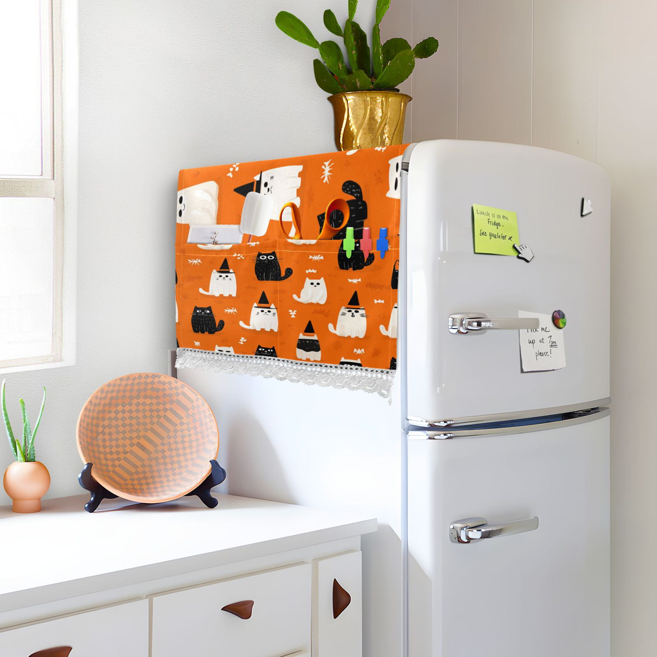 Dustproof Washing Machine Cloth Washer and Dryer Top Covers, Fridge Dust Cover, With Storage Bags Black Cat and White Cat