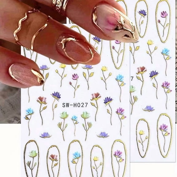 2pcs Colorful Flower Nail Stickers Self-Adhesive Y2K Floral Decals for Nail Art