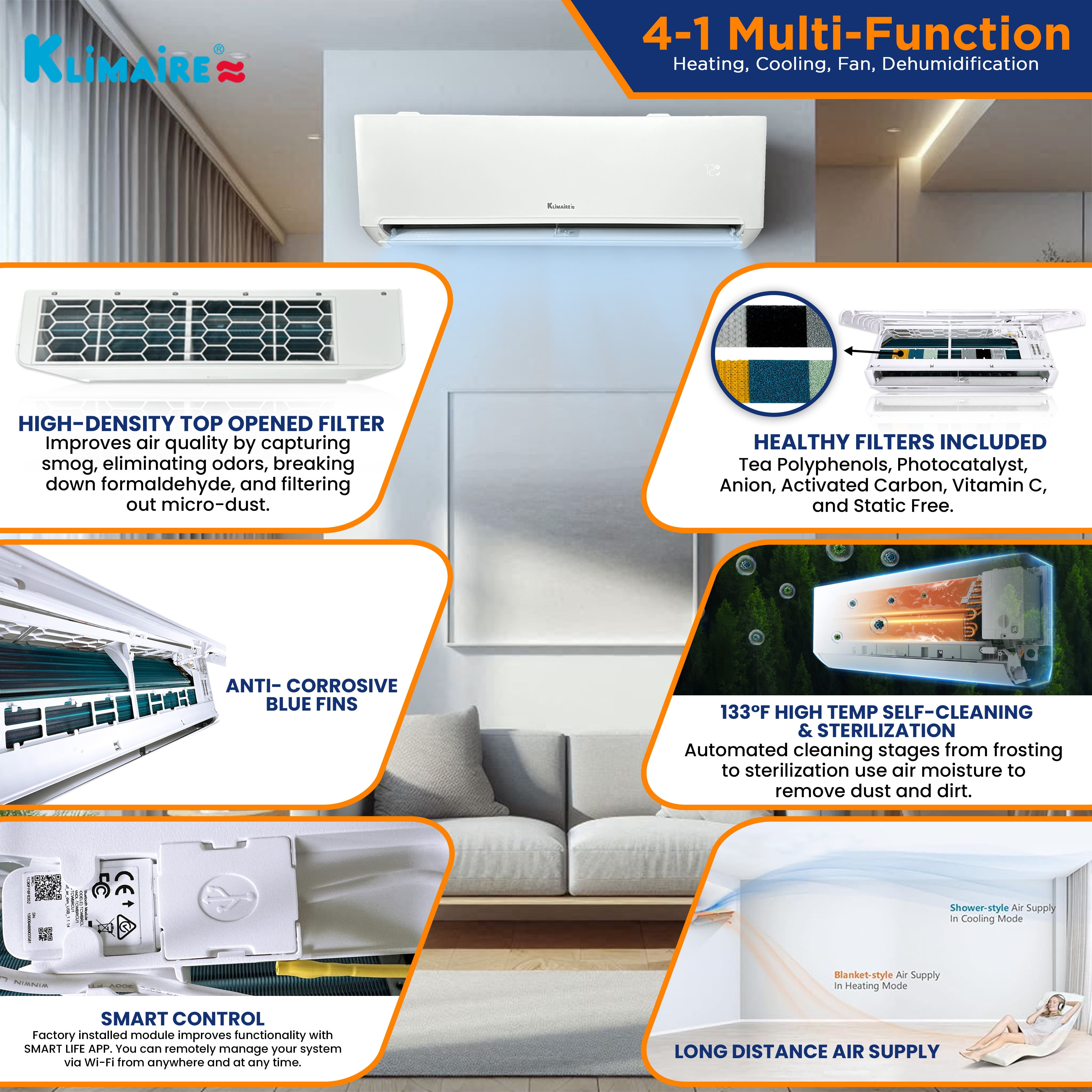 Klimaire 12,000 BTU 22 SEER2 Ductless Mini-Split Heat Pump Air Conditioner 550 sq. ft. (115V)