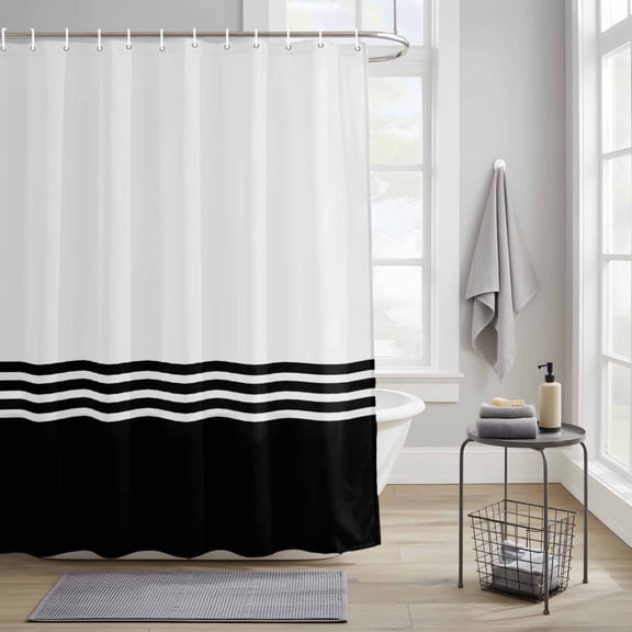 Modern Art Fabric Shower Curtain for Bathroom Waterproof Polyester Bath Curtain with 12 Hooks Black White Simple Striped Farmhouse Washable Shower Curtain with Grommets 72"x96"