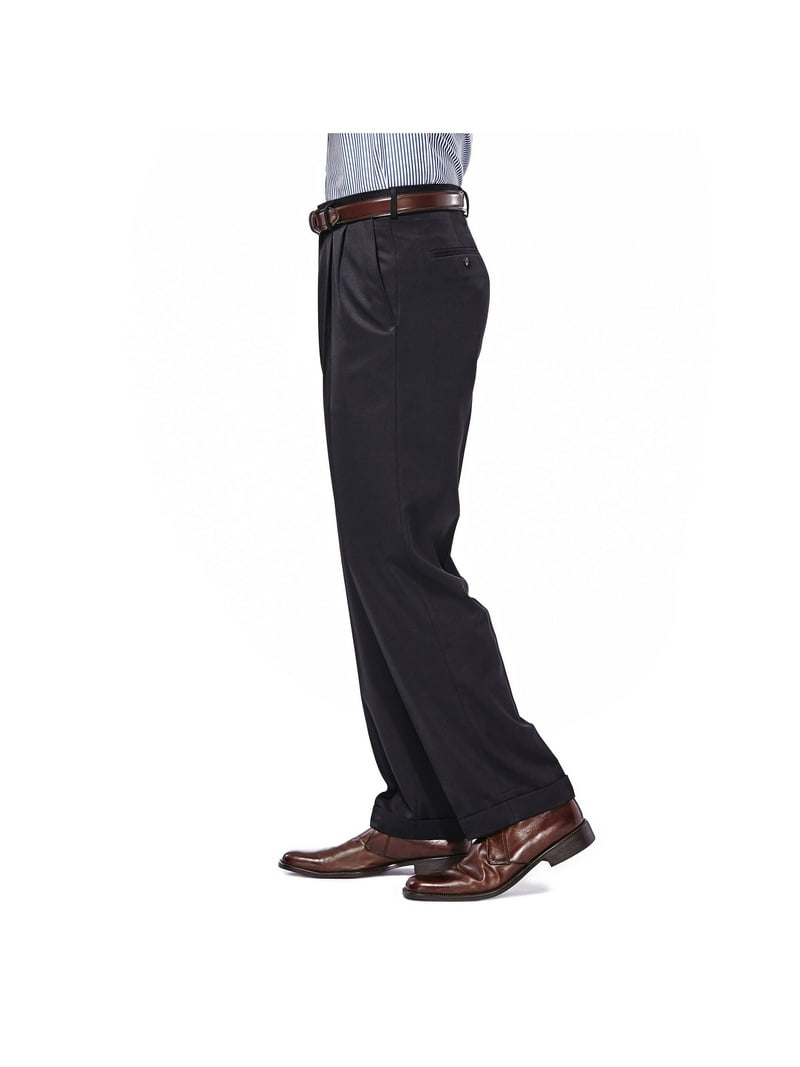 haggar mynx pleated no iron dress pants Haggar mens Mynx Gabardine Hidden Expandable Waistband Classic Fit Front Pleated Dress Pant
