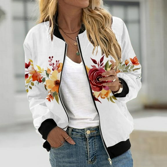 Womens Casual Daily Jackets Lightweight Zip Up Casual Jacket Floral Print Coat Stand Collar Short Sports Outwear Zipper Tops Casual Business Jackets for Women Western Wear Womens Business Casual
