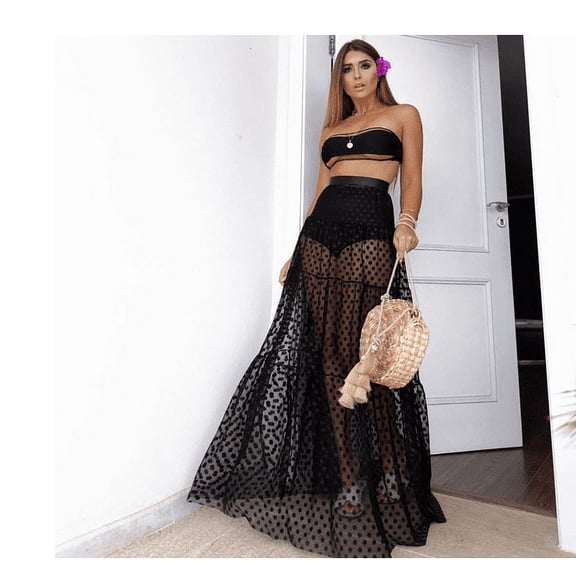 LMLYSoH Ladies Sexy Long Skirt High Waist Mesh Wave Dots Embellished Solid Color Fashion Light Dress