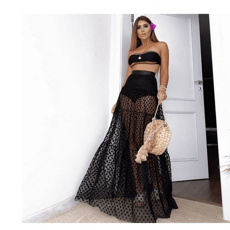 Douhoow Women Sheer Skirt Retro High Waist Polka Dot Long