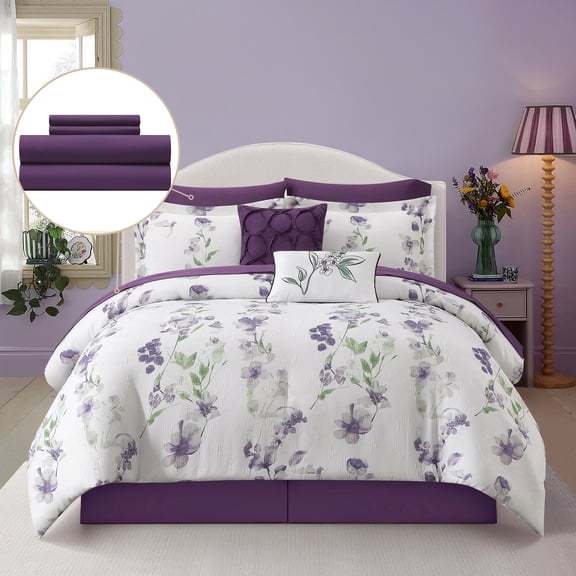 Nanshing Home 10 Piece Floral Comforter Set, Queen Size Jacquard Print Bedding Set, White Purple All Season Bedding, Matching Bed Skirt, Fitted Sheet, Flat Sheet, Pillows, Shams