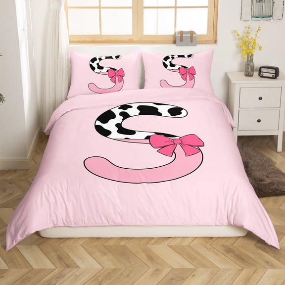 Erosebridal Monogrammed Letter Comforter Cover Twin,Cattle Print Bedding Twin Size,Lightweight Reversible Comforter Cover Twin,Pink Bow Tie Decoration,3-Piece(No Comforter)