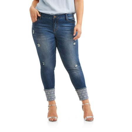 Women's Plus Aztec Printed Cuffed Crop Jean with Light Destruction