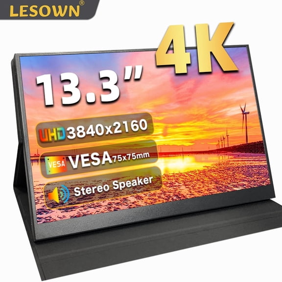 LESOWN 13.3 inch Auxiliary Monitor UHD 3840X2160 4K IPS Portable LCD Screen Display HDMI Type-c Port Built-in Speaker with Protective Case for Laptop Switch Xbox