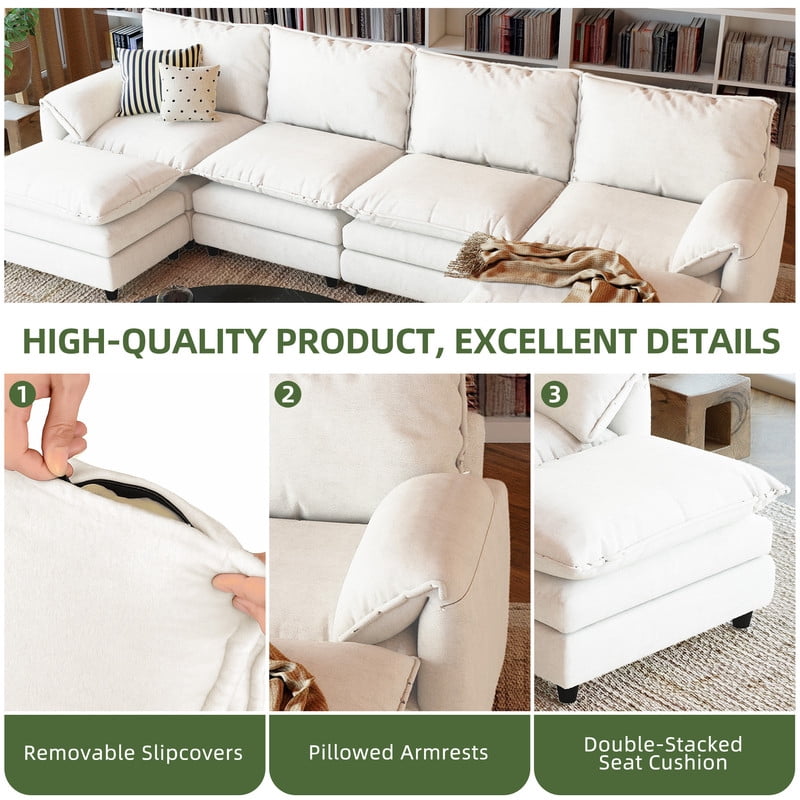 Uforic Sectional Sofa with Ottoman, 142" U Shape Modern 6 Seat Cloud Couch with Pillow-Armrest, Beige