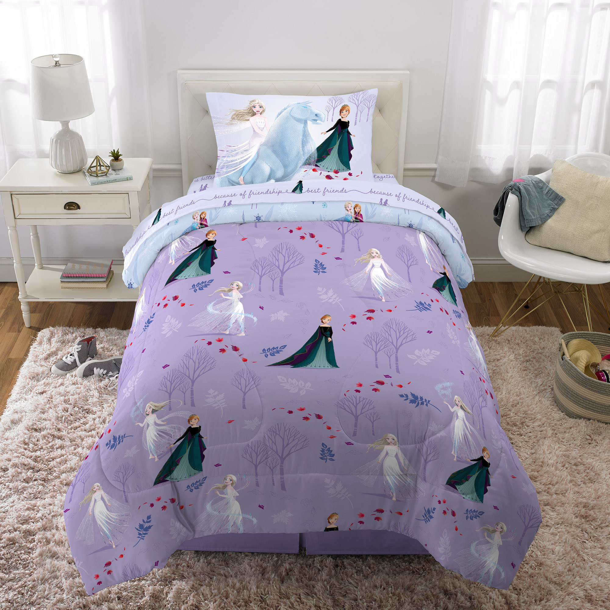 Disney Frozen Kids Twin Bed in a Bag, Comforter Sheet Set and Bonus Tote, Purple