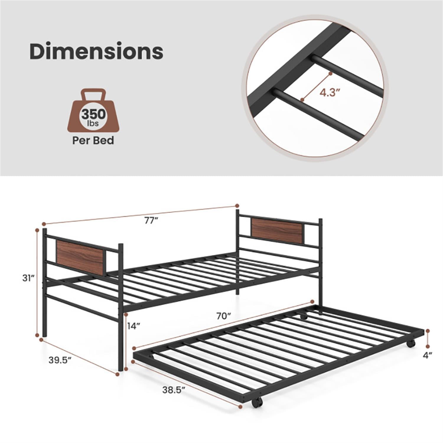 Demi Bonn Twin Size Metal Daybed with Trundle and Wood Grain Headboard, Modern Bed Frame for Teens, Black