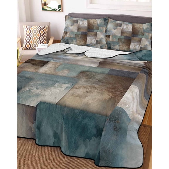 Blue Brown Geometric Queen Size Down Alternative Comforter, Lightweight Comforter Quilt Bedding Set with Pillow Shams Modern Ombre Abstract Art All Seasons Bed Comforter Duvet Insert 90"x96"