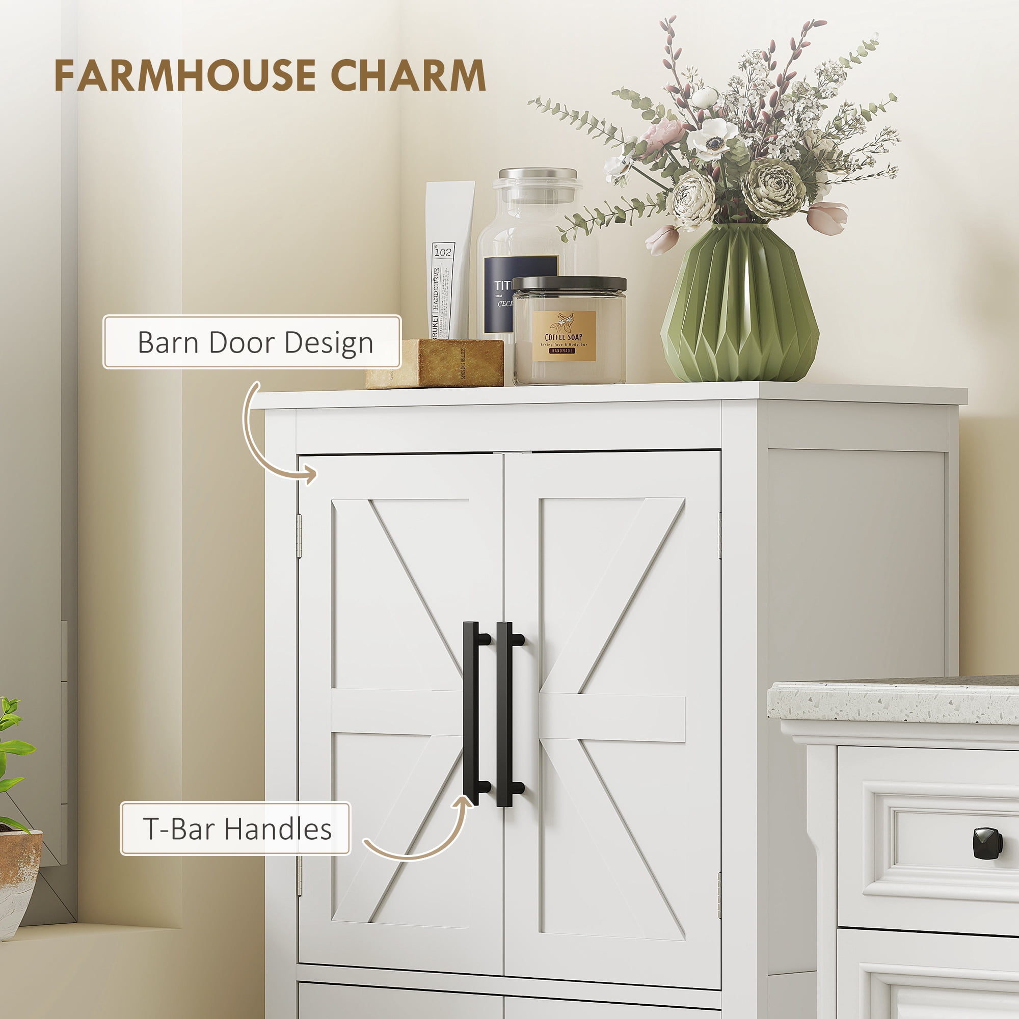 HOMCOM Bathroom Floor Cabinet, Farmhouse Bathroom Cabinet with Barn Doors, Bathroom Storage Cabinet with Adjustable Shelf, White