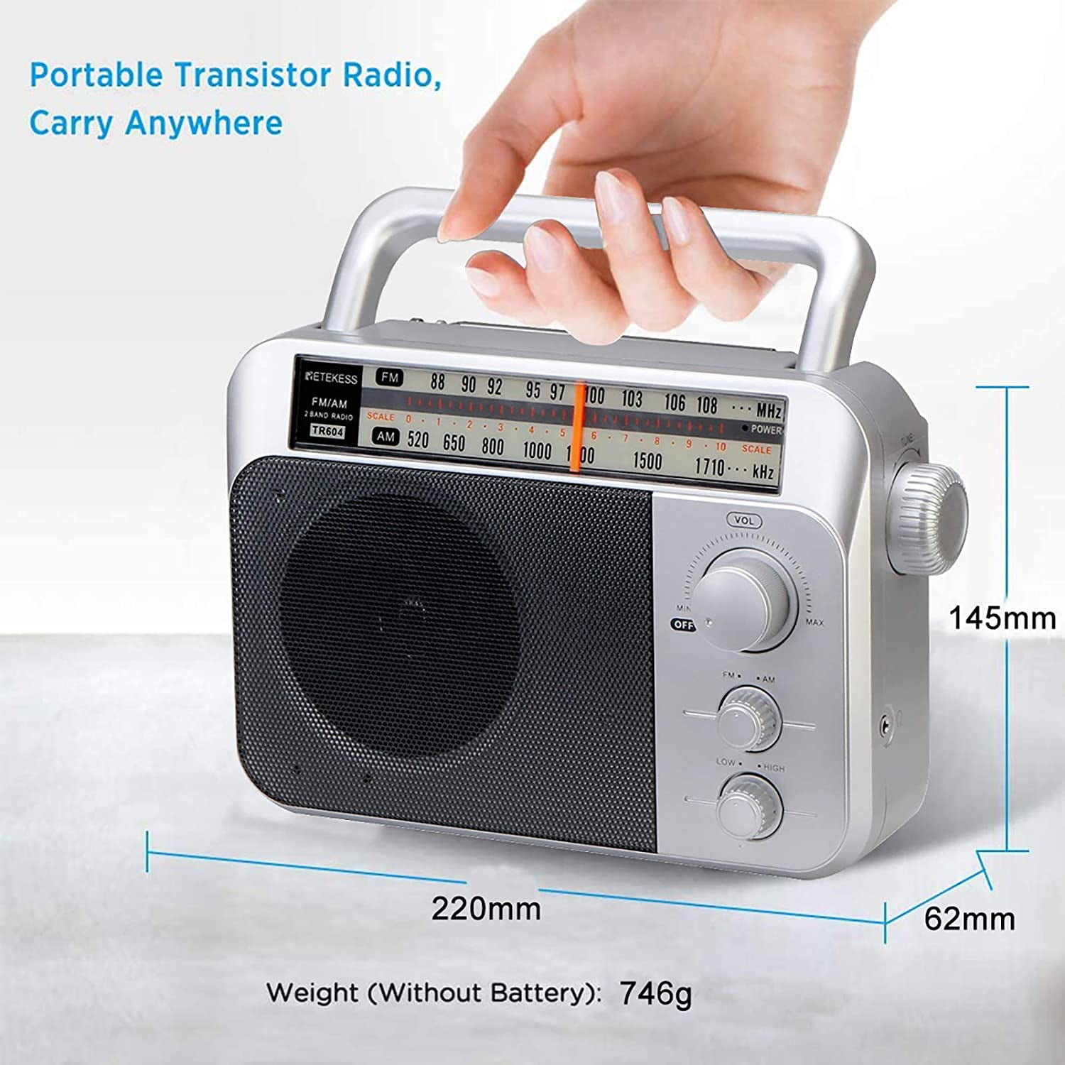 Retekess TR604 AM FM Radio, Portable Radios with Best Reception, AC or D Battery Powered Analog Radio, with Clear Dial and Large Knob, for Home