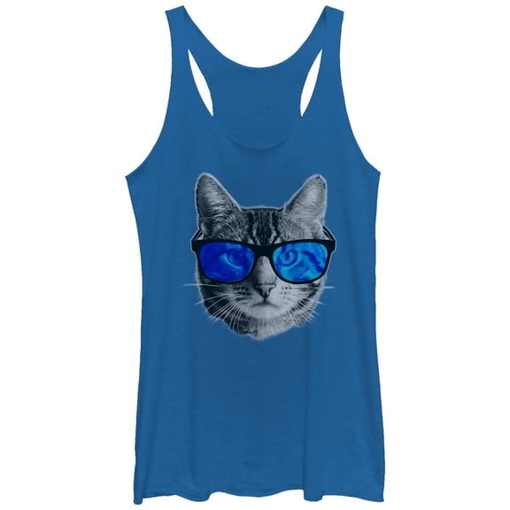 Women's Lost Gods Cat in Sunglasses Racerback Tank Top Royal Blue Heather Medium