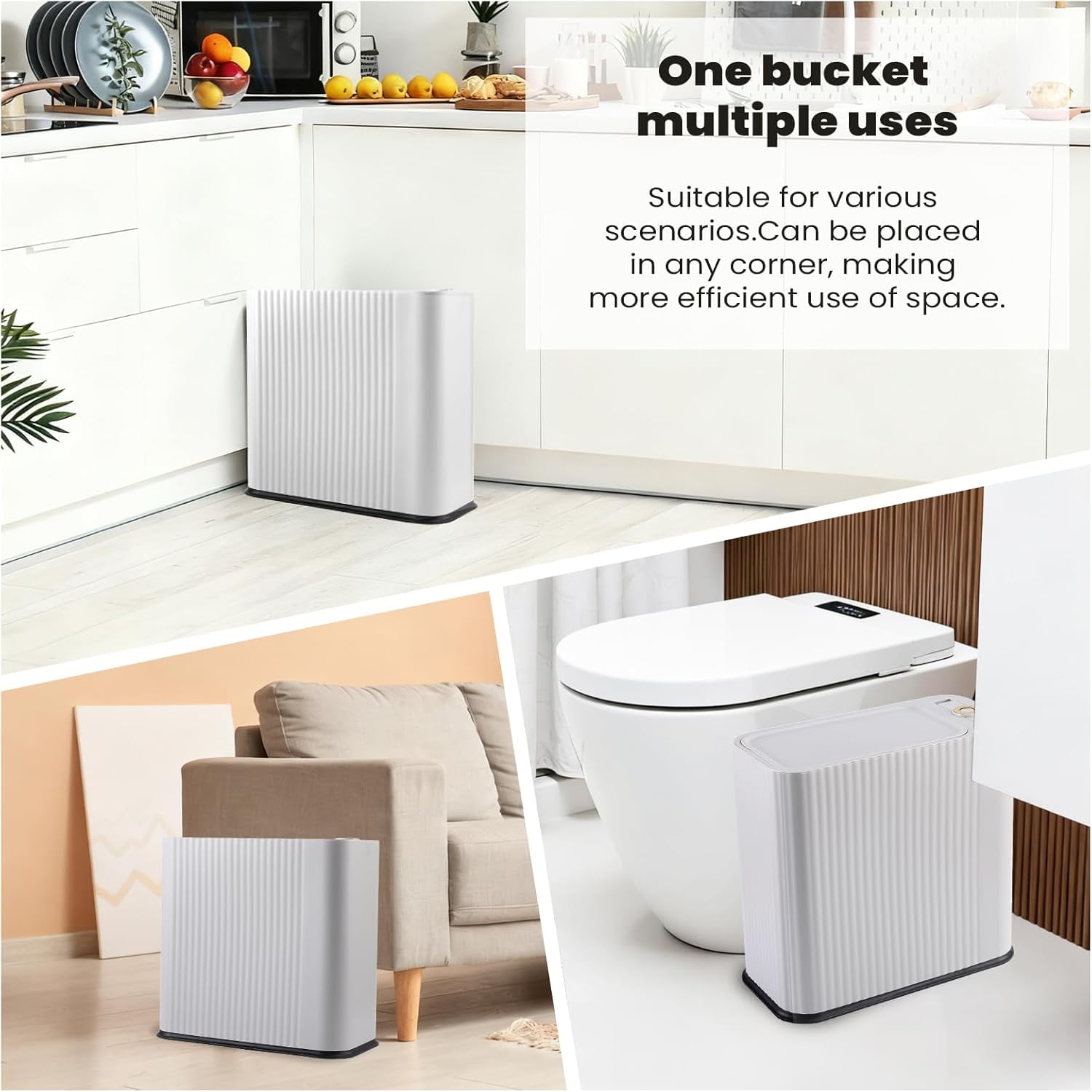 Black and Gold Bathroom Accessories Set - 9 Piece Complete Organization Kit with Slim Pop-up Trash Can, Toilet Brush, Lotion Dispensers, Jars & Soap Dish - Modern Matte Stripe Bathroom Decor