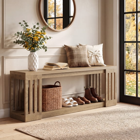 Finmind 63" long Entryway Bench with Storage, Narrow Wooden End of Bed Bench for Entry for Entry, Brown