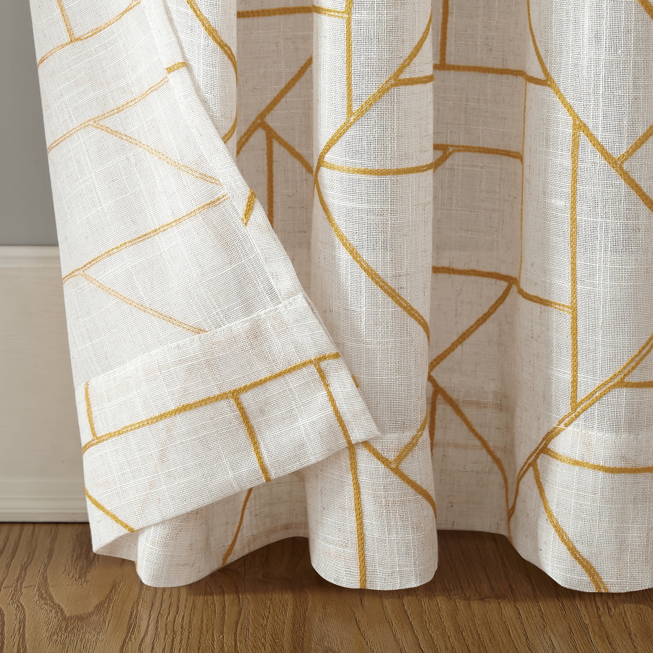 Archaeo Jigsaw Embroidery Linen Blend Curtain, 50"x95", Gold/Linen