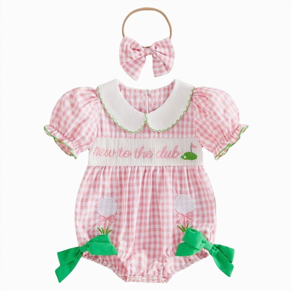 CAICJ98 Summer Baby Girl Romper Bodysuit Golf Plaid Embroidery Short Sleeve Jumpsuit Summer Clothes with Headband (Pink,3-6 Months)