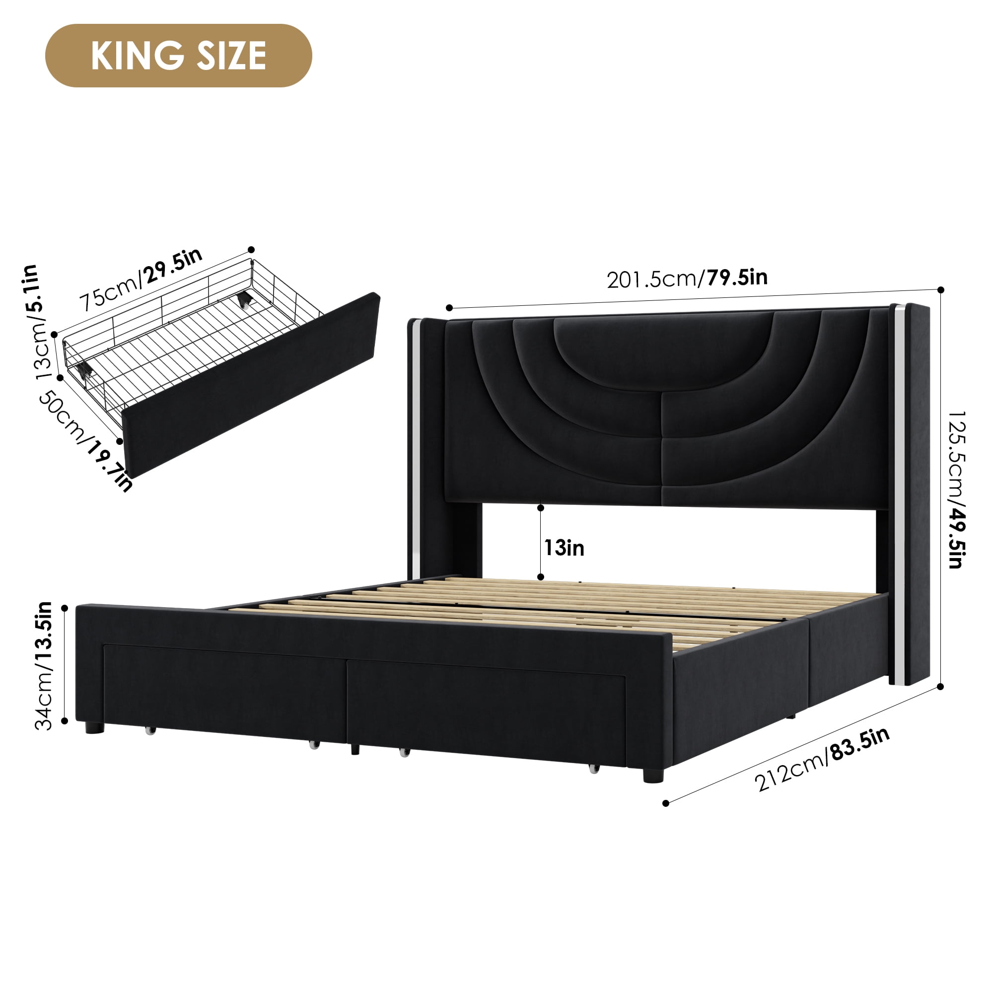 Homfa King Size LED Bed Frame with 2 Drawer Storage, Wingback Platform Bed with Velvet Upholstered Headboard, Black