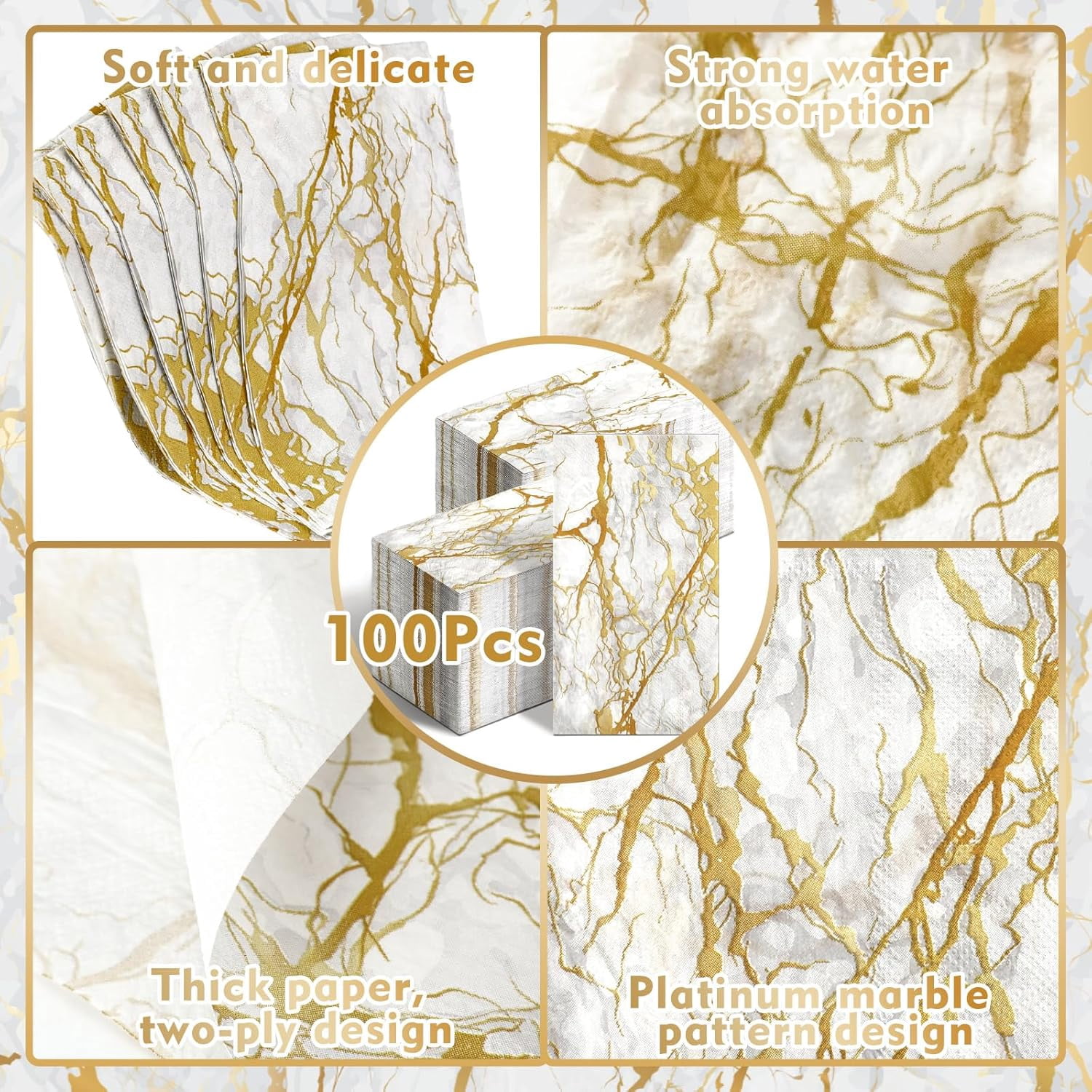 100 Pcs Marble Guest Napkins 2 Ply Disposable Guest Bathroom Paper Napkins Black Gold Marbleized Hand Towels for Home Bathroom Kitchen Table Decor (White Gold)