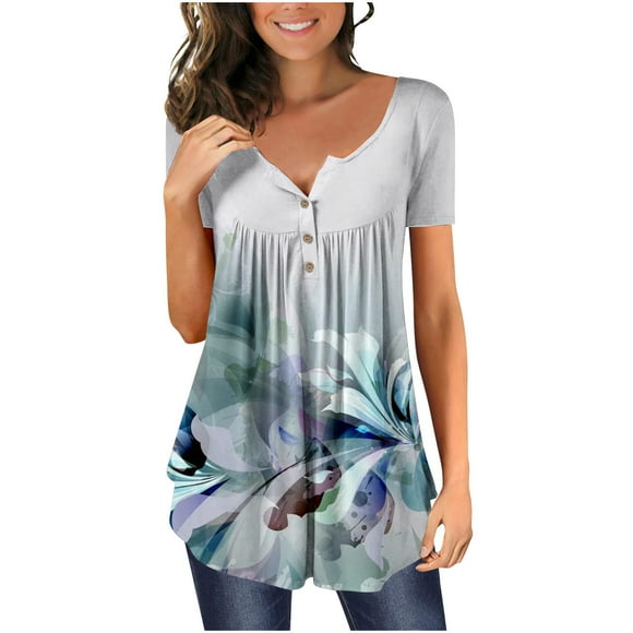 ZVAVZ Cute Tops for Women Spring, Womens Tops Summer Floral Tunic Short Sleeve Henley Tshirt Hide Belly V Neck T Shirts Casual Blouses for Leggings