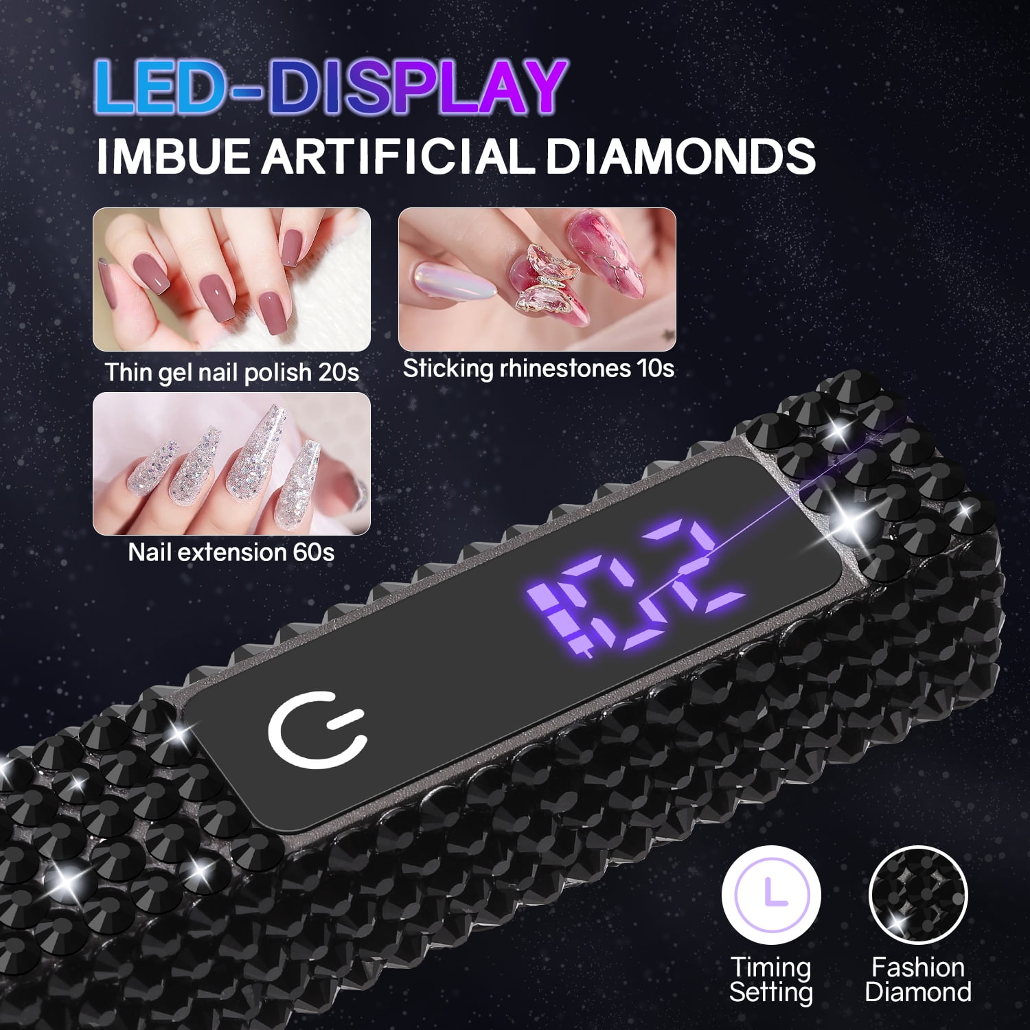 PRYZUNA Mini Crystal LED UV Nail Lamp – Portable Gel Polish Dryer with Touch Timer, USB-C Rechargeable Design with Rhinestone Finish