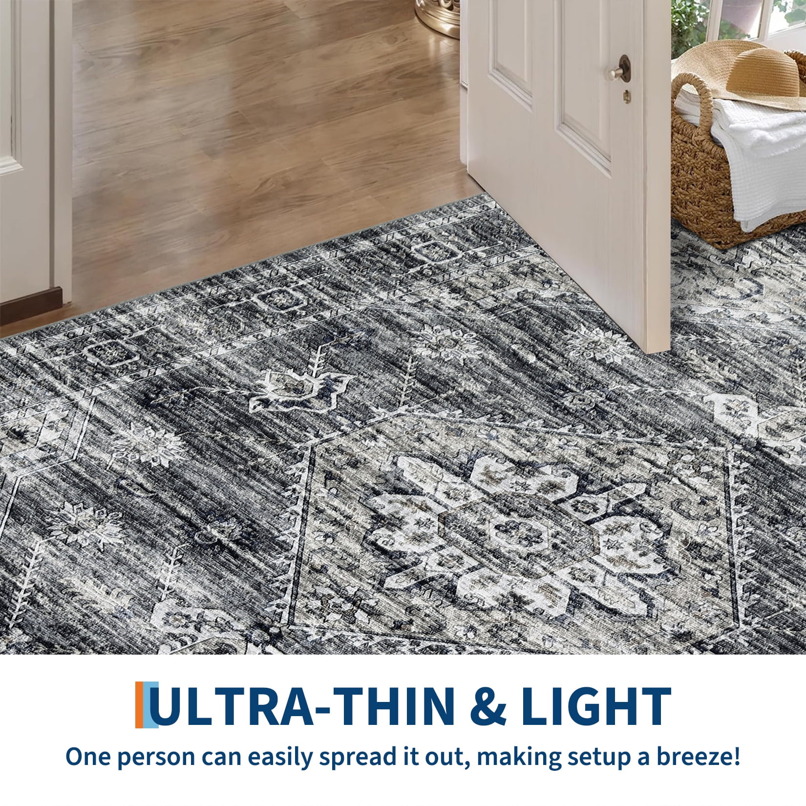 HOMERRY Foldable Area Rug 10' x 13' Washable Indoor Distressed Boho Floral Rug for Living Room, Dark Gray