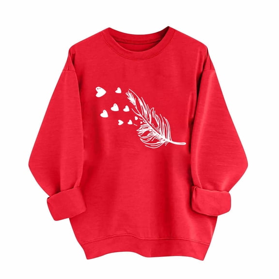 Fewfanhot Womens Tops Valentine's Day Love Heart Print Long Sleeve Crewneck Casual Cute Red Sweatshirt