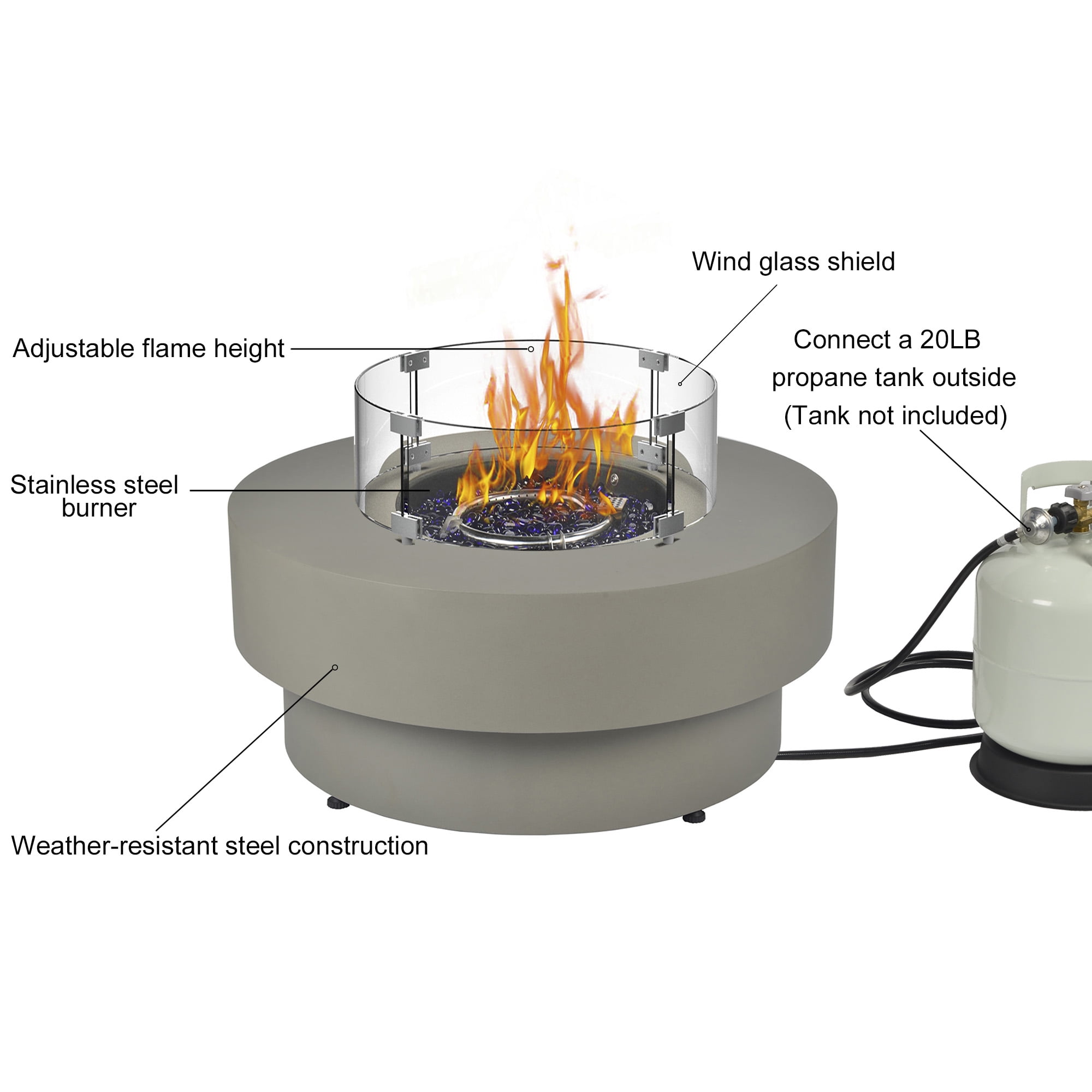 BAIDE HOME 32.5" Low Profile Propane Fire Pit Table, 50,000 BTU Outdoor Gas Fire Pit with Lid, Glass Rocks, Cover, Wind Glass Shield