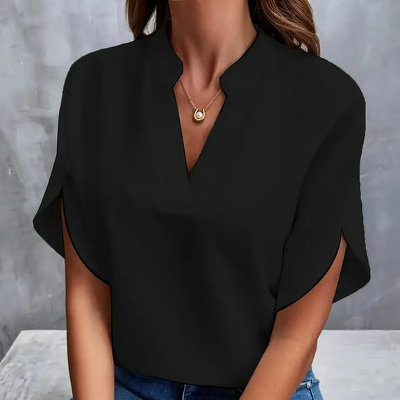 Admvng Dressy Tops for Women Casual Solid Color Short-Sleeved V-Neck Top S-2XL