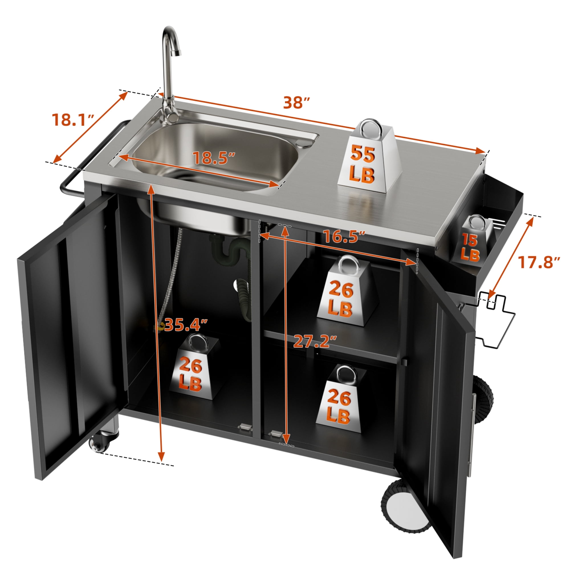 Leumius Outdoor Grill Cart with Sink & Cabinet,Outdoor Kitchen Island on Wheels,BBQ Grill Prep Table Movable Patio Storage Counte,L38" x W18" x H35"