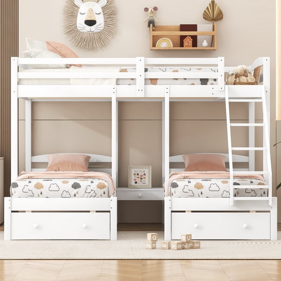 Full over Twin & Twin Triple Bunk Bed with Drawers, Solid Pine Wood Frame, Space-Saving L-Shaped Design for Shared Bedrooms, Guest Rooms, White
