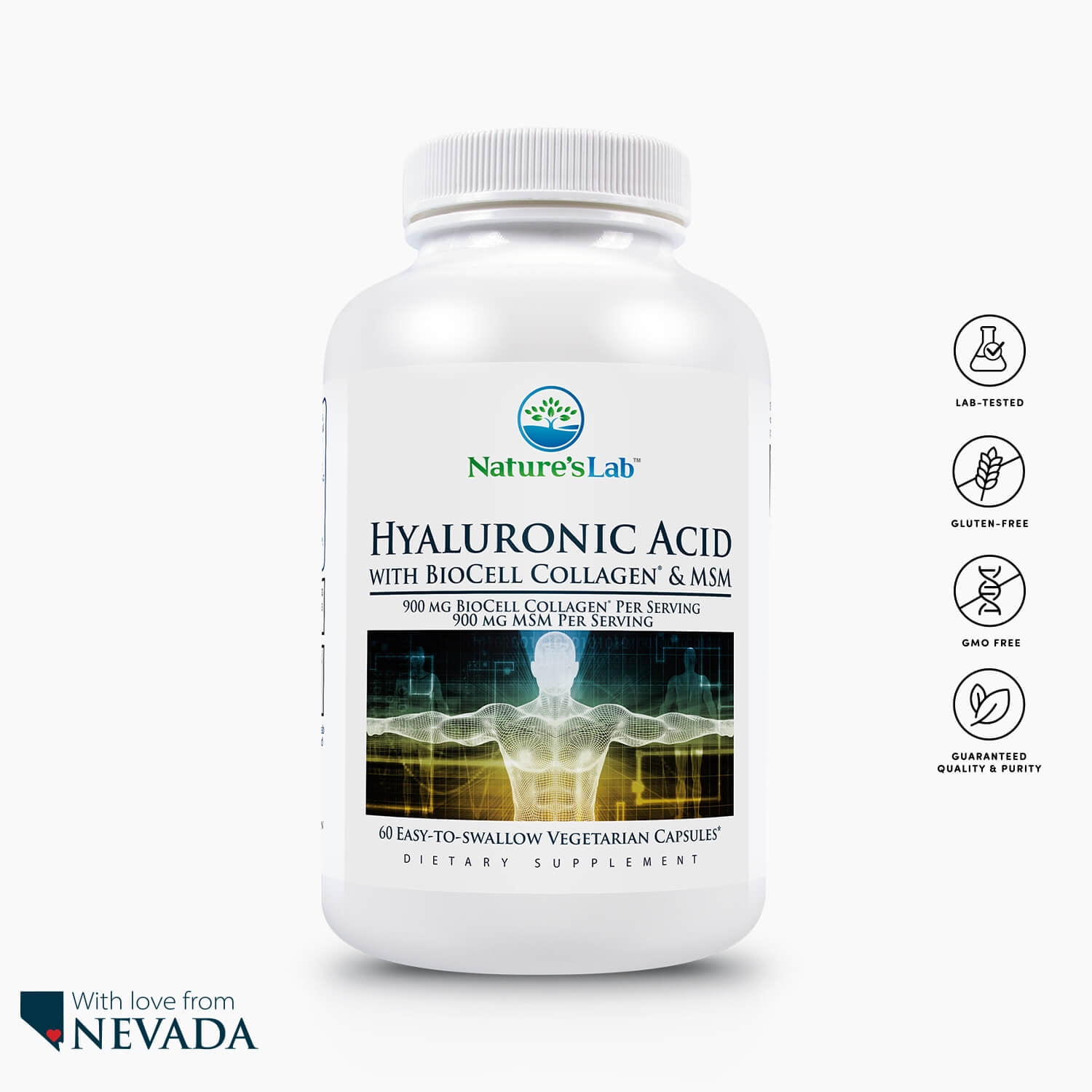 Nature's Lab Hyaluronic Acid with BioCell Collagen & MSM 900 mg 60